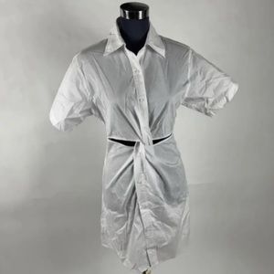 Collared Cutout White Twisted Front Midi Shirt Blouse Dress